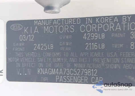 2012 Kia Optima Lx z USA, uszkodzony, nr VIN KNAGM4A73C5279812